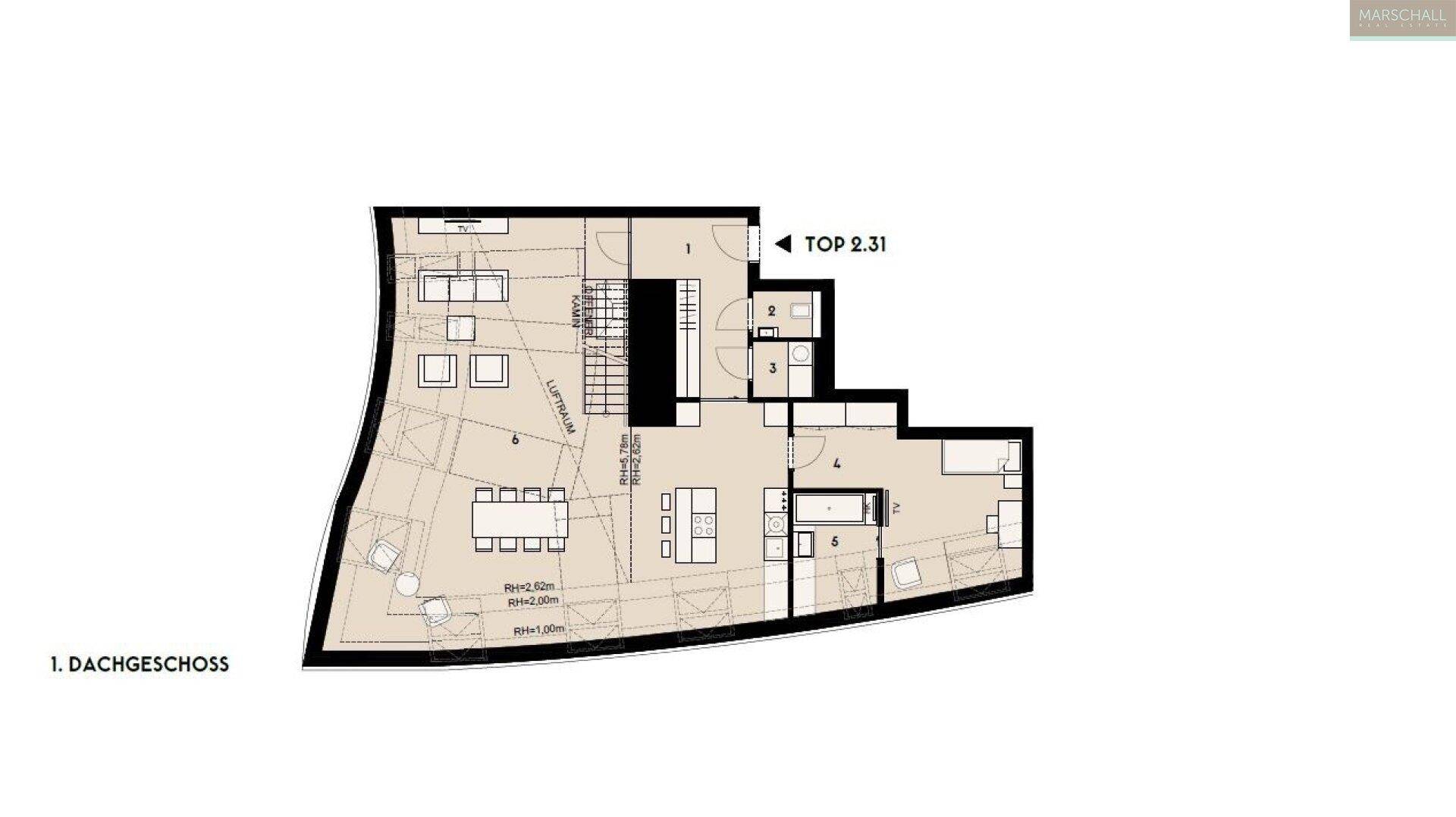 Grundriss des ersten Dachgeschosses mit offenem Wohnbereich und Treppe zur oberen Ebene.