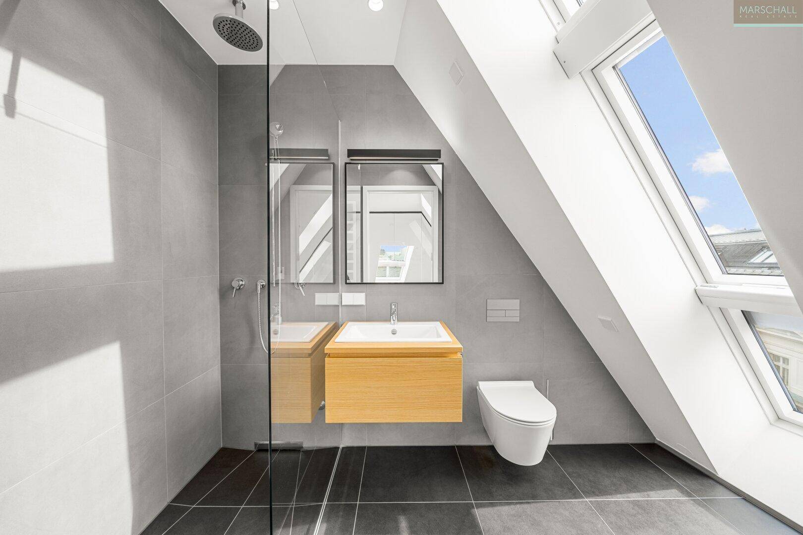 Modernes Badezimmer mit Dusche, Einzelwaschbecken und Dachfenstern für Tageslicht.