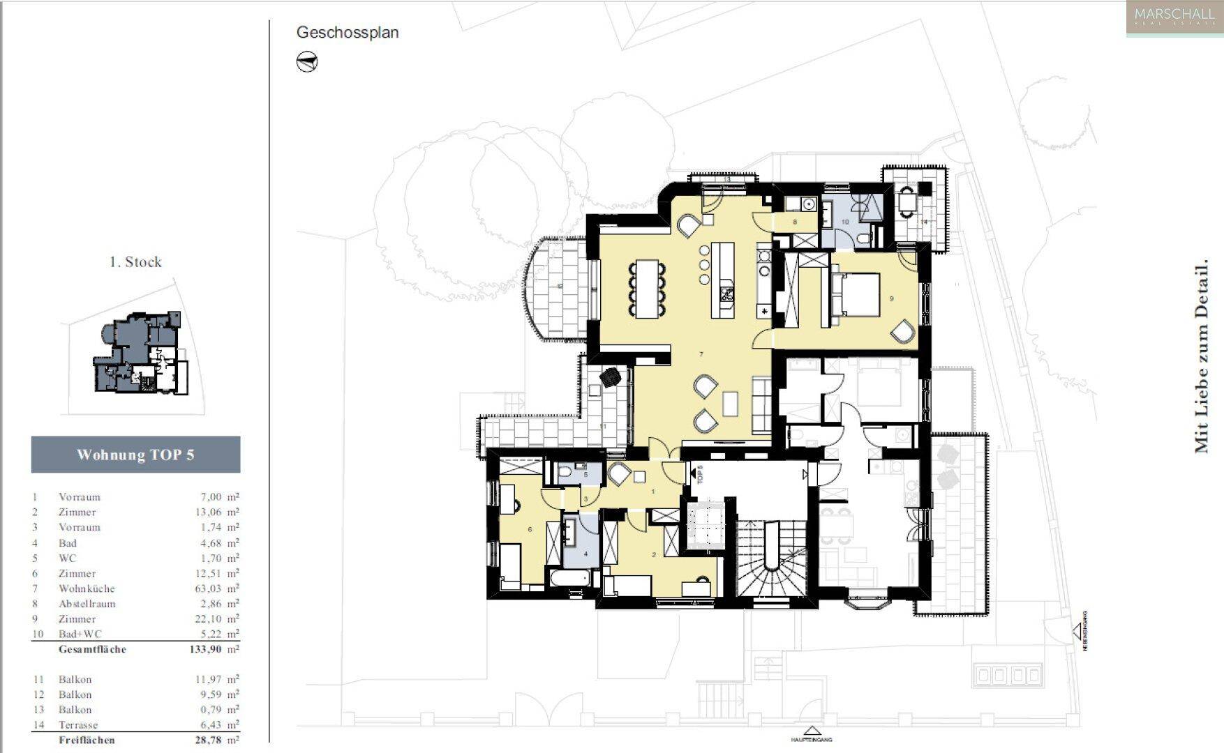 Detaillierter Geschossplan der Wohnung TOP 5 mit Raumaufteilung und Flächenangaben.