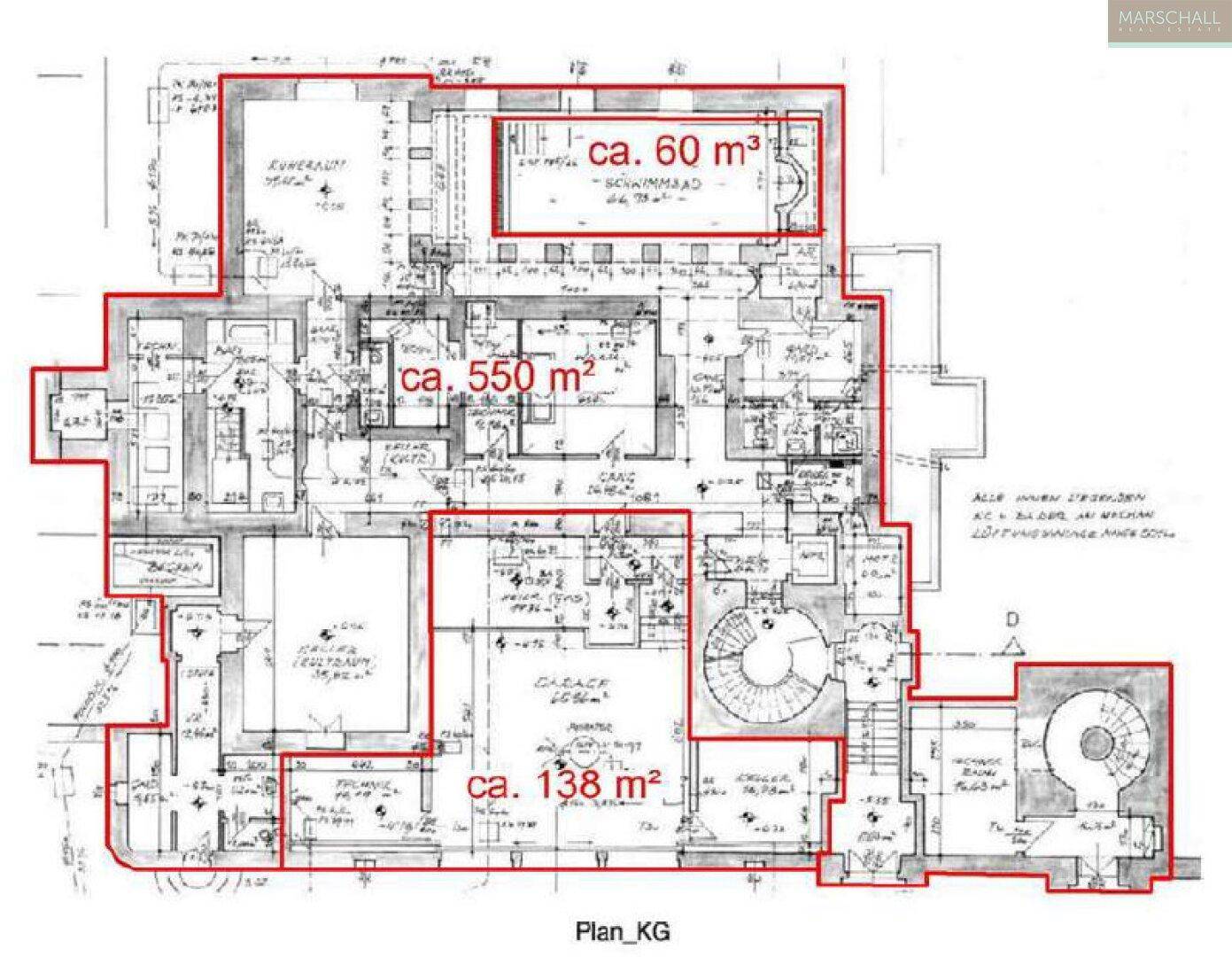 Grundriss des Kellergeschosses mit ca. 550 m² Nutzfläche und verschiedenen Räumen.
