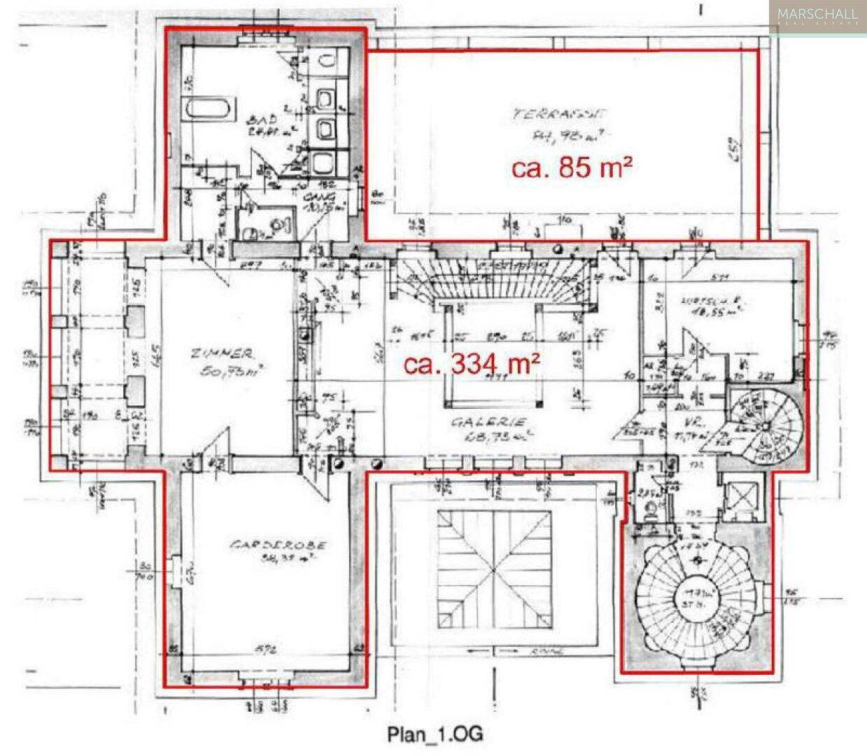 Grundriss des ersten Obergeschosses mit ca. 334 m² Wohnfläche und großer Terrasse.