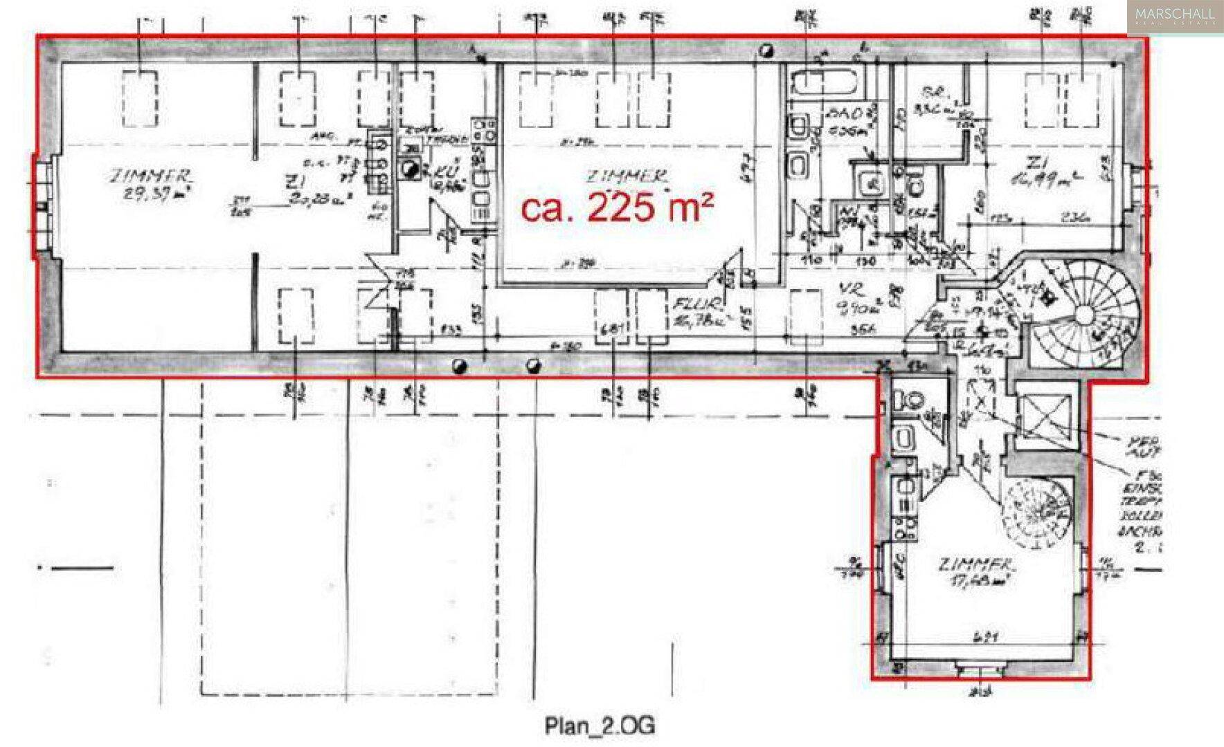 Grundriss des zweiten Obergeschosses mit ca. 225 m² Wohnfläche und mehreren Zimmern.