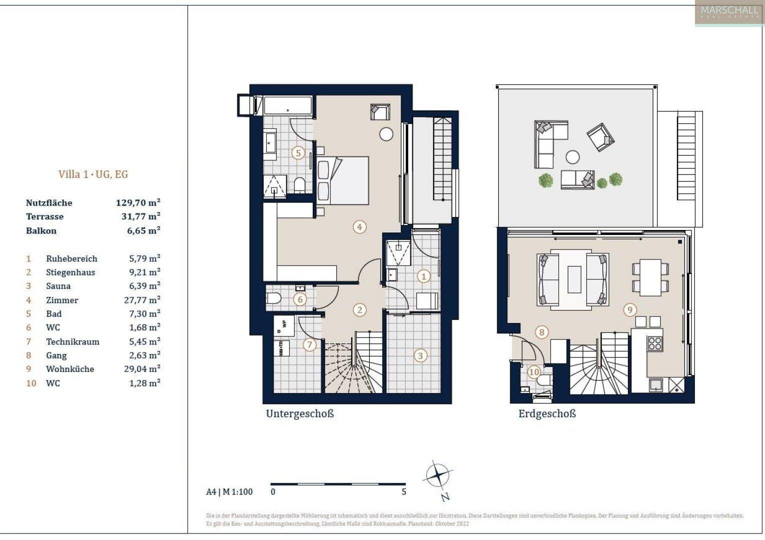 Grundriss der Villa 1 mit Untergeschoss und Erdgeschoss, inklusive Sauna und Terrasse.