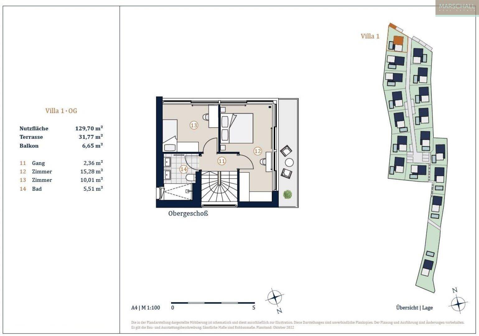 Grundriss des Obergeschosses der Villa 1 und Übersichtslageplan der gesamten Wohnanlage.