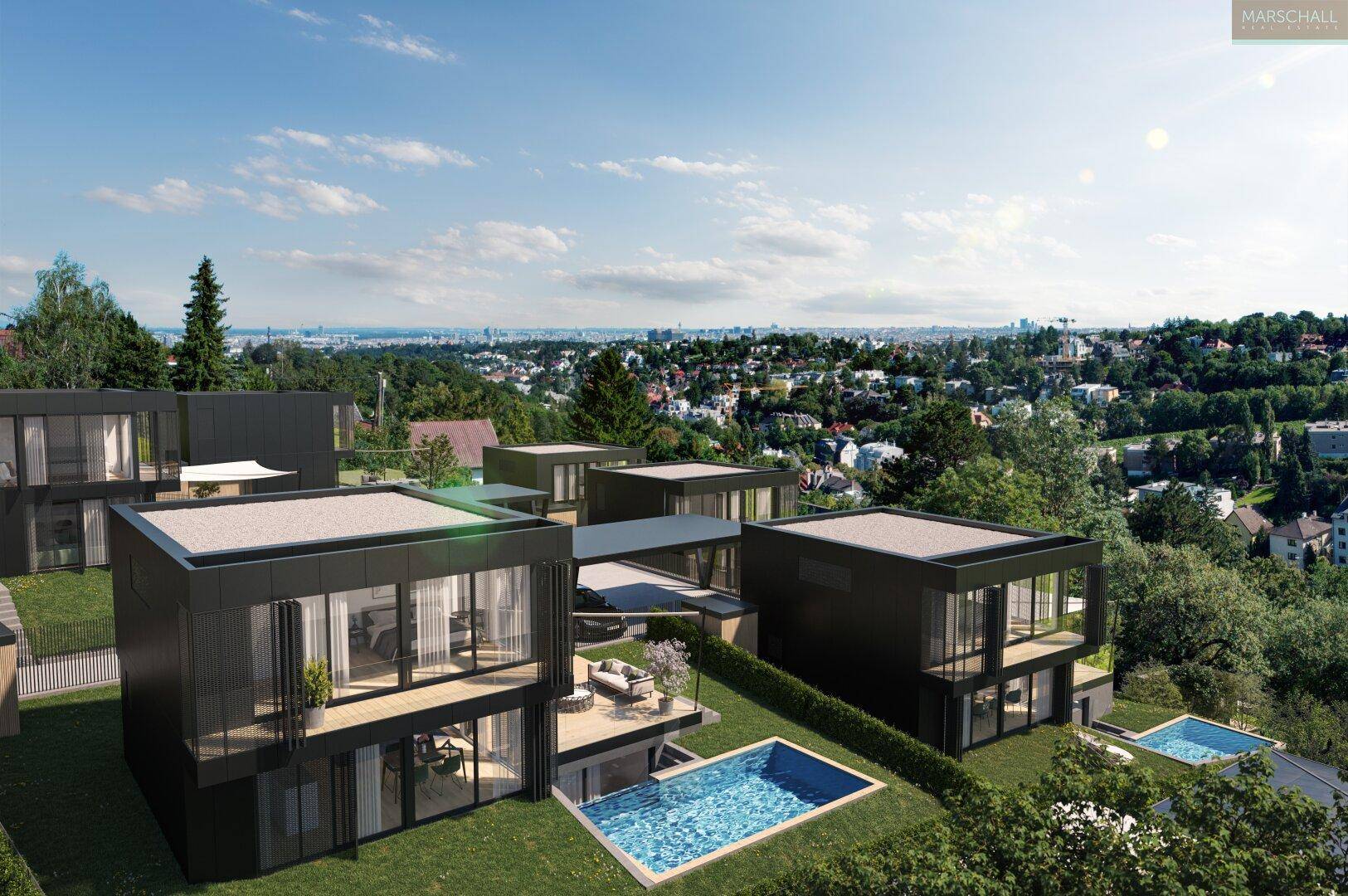 Moderne Villenanlage in grüner Hanglage mit privaten Pools und weitem Stadtblick.