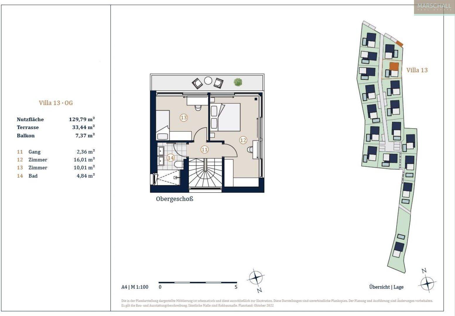 Grundriss des Obergeschosses der Villa 13 mit Schlafzimmern und Übersicht der gesamten Anlage.