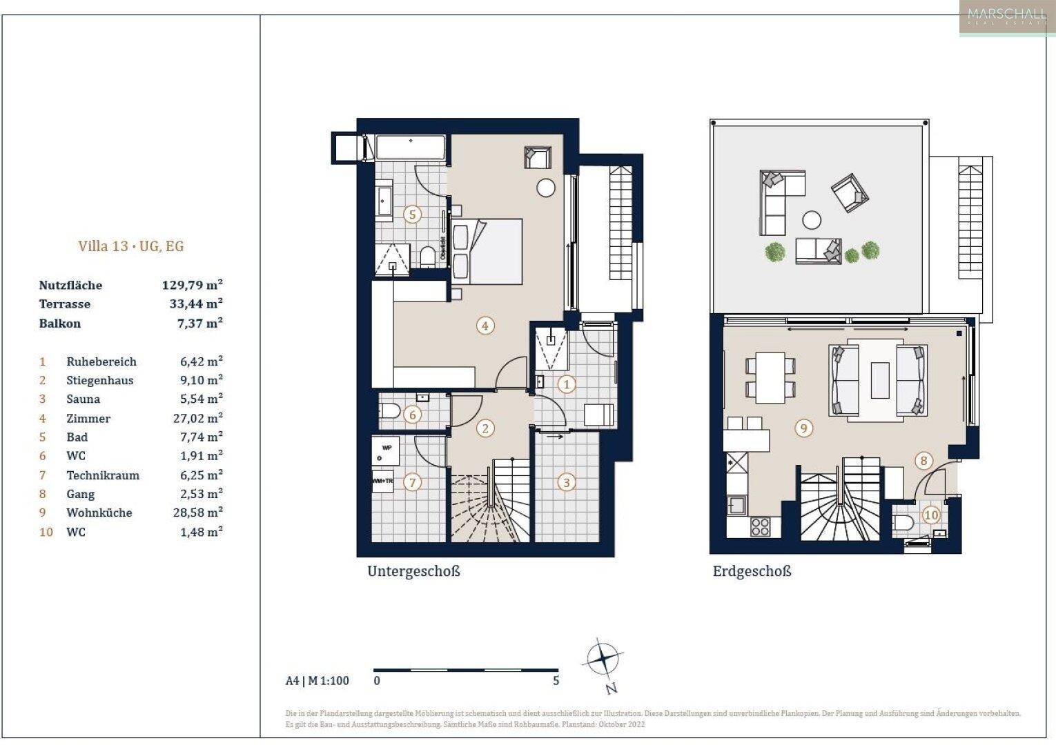 Grundriss der Villa 13 mit Untergeschoss und Erdgeschoss, inklusive Terrasse und Balkon.