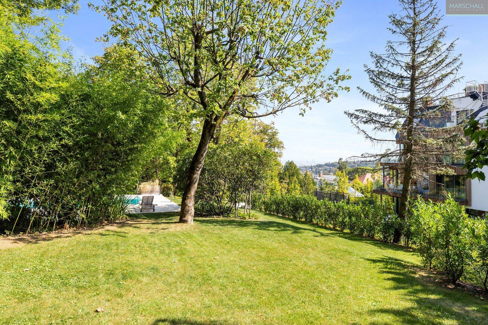 Gepflegter Gartenbereich mit Rasen, hohen Bäumen und Hecken, mit Blick auf das moderne Gebäude.
