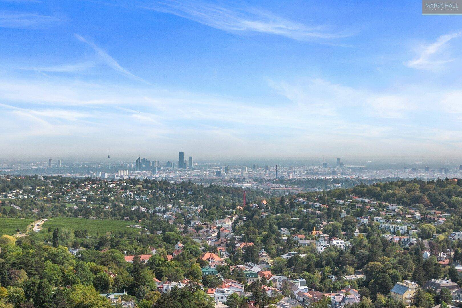 Panoramablick über eine weitläufige Stadtlandschaft mit vielen Bäumen und Gebäuden in der Ferne.