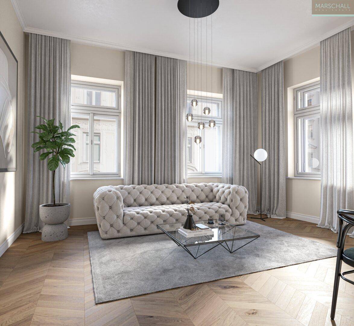 Helles Wohnzimmer mit bequemer Couch, stilvollem Couchtisch und Fischgrätparkettboden.