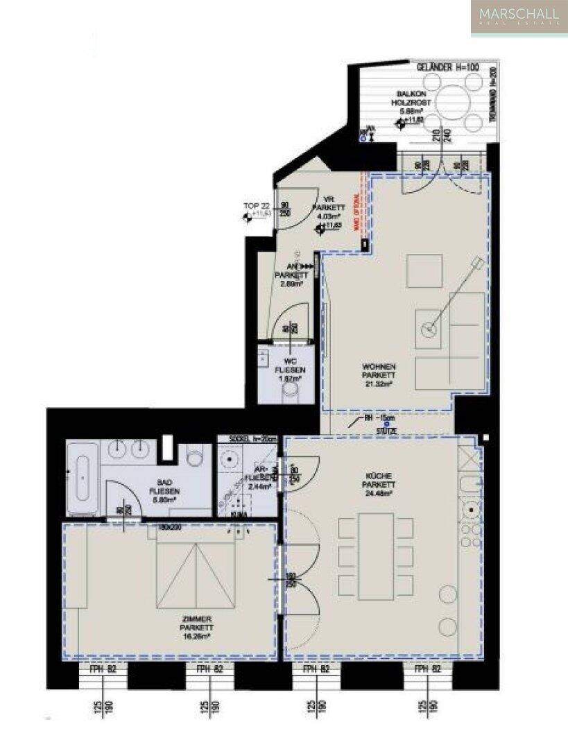 Grundriss einer Wohnung mit offenem Wohnbereich, Schlafzimmer, Bad, WC und Balkon.