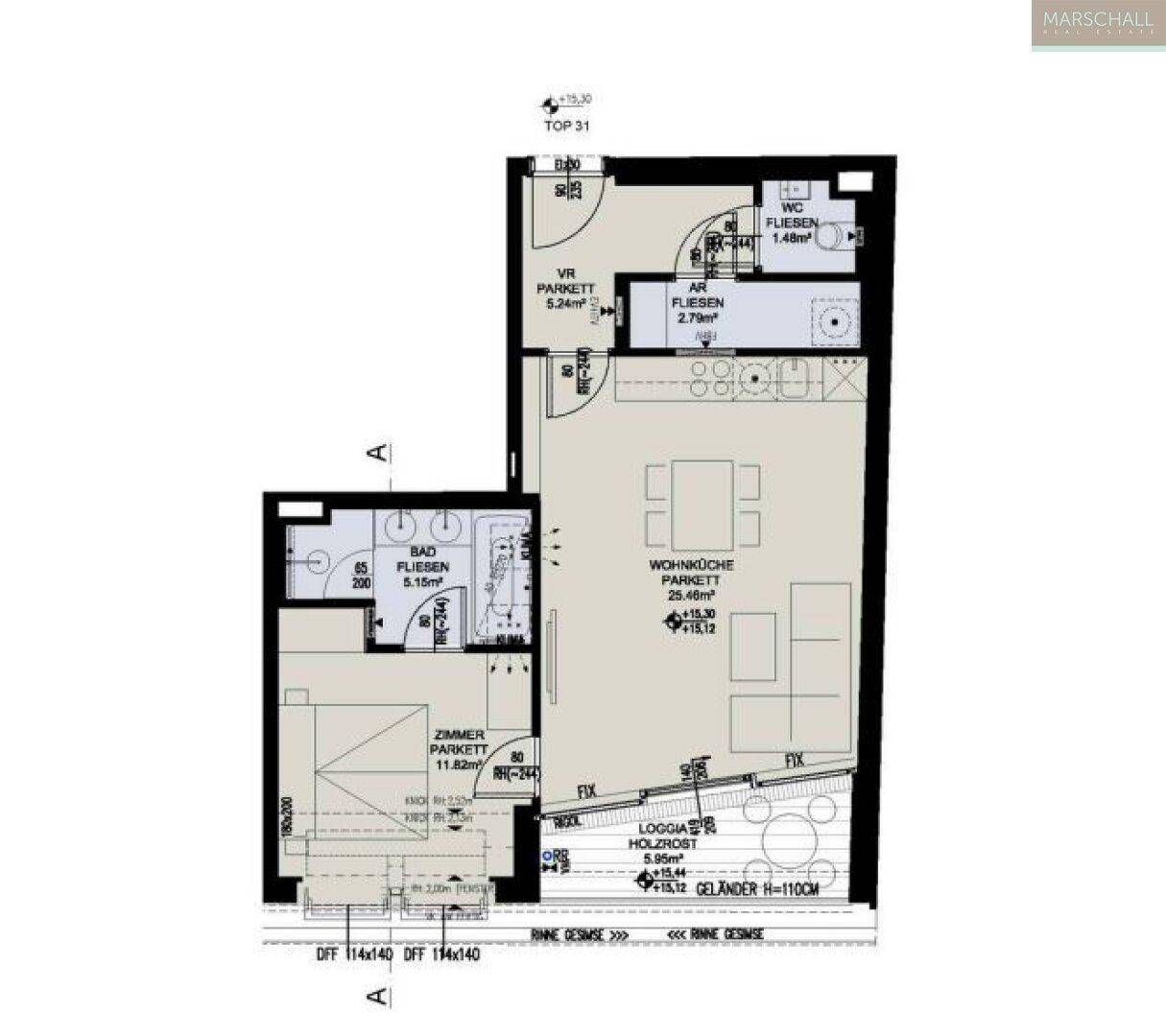 Grundriss der Wohnung Top 31 mit Loggia, Wohnküche und separatem WC.