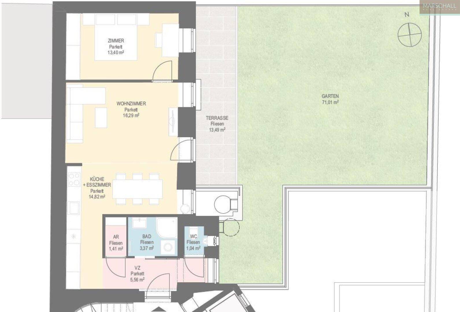 Grundriss einer Wohnung mit Wohnzimmer, kombinierter Küche und Essbereich, Schlafzimmer, Bad, separatem WC, Abstellraum, Terrasse und Garten.