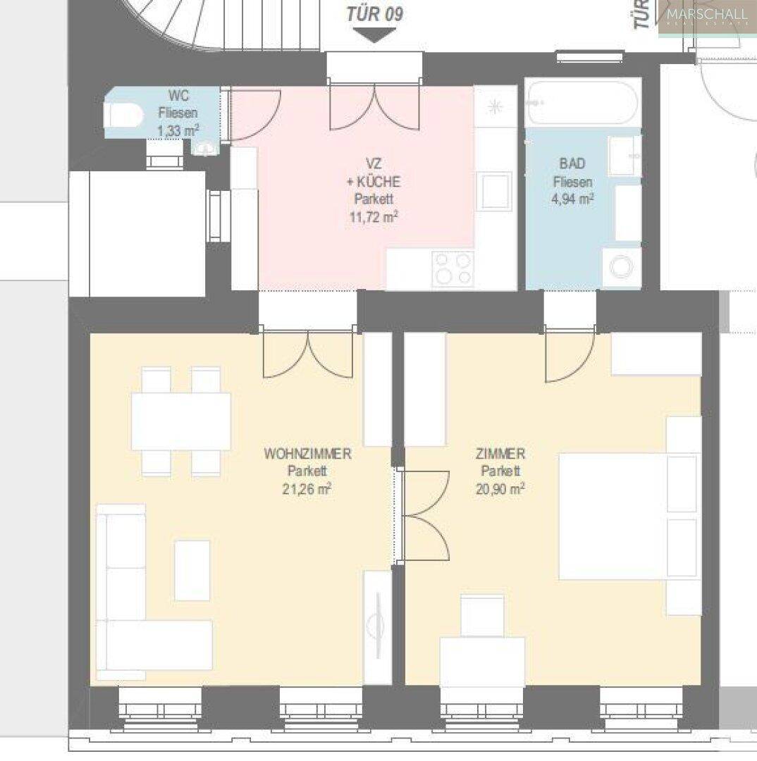 Grundriss der Wohnung mit Wohnzimmer, Zimmer, offener Küche und Bad auf ca. 60 m² Wohnfläche.