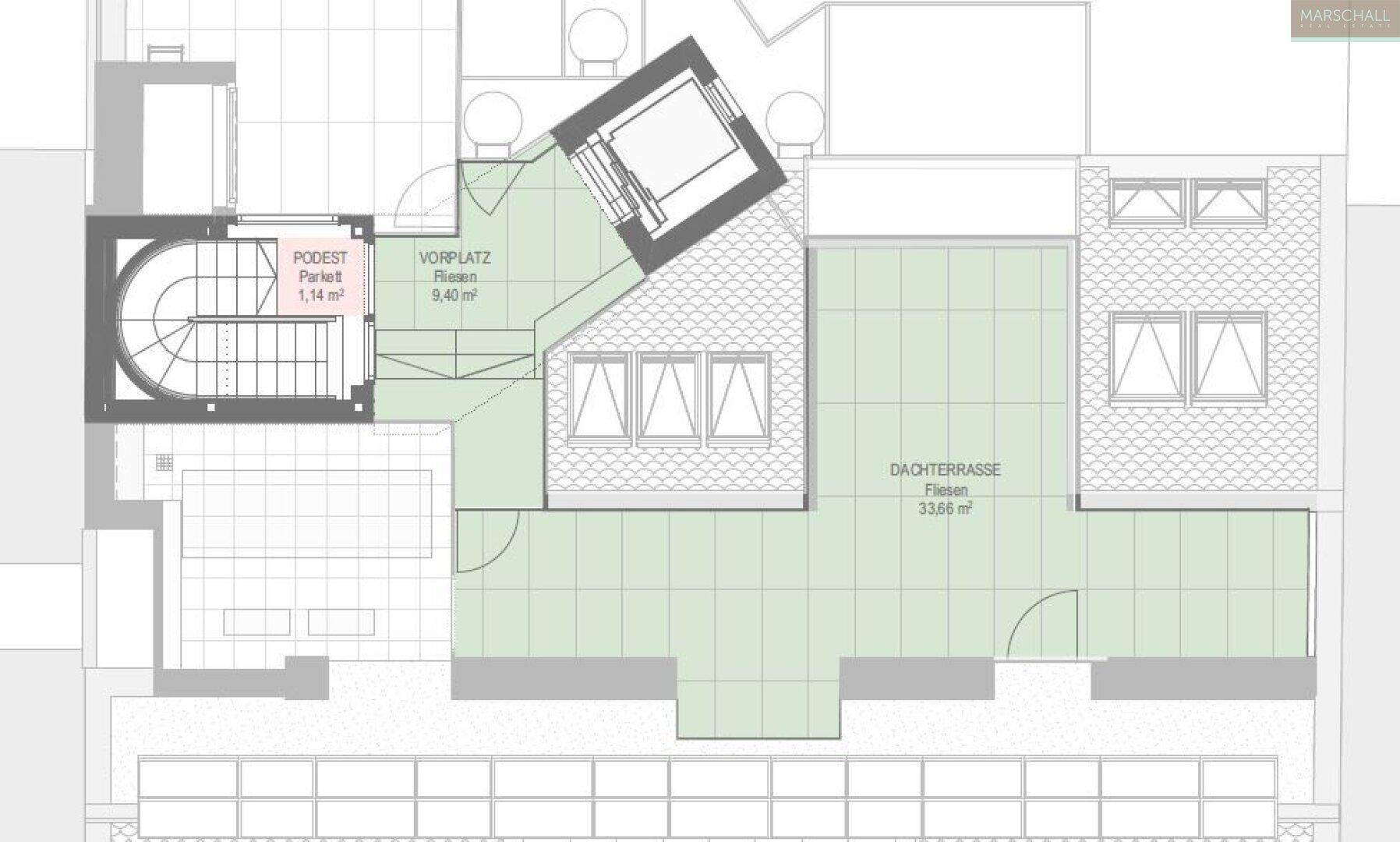 Grundriss der oberen Ebene mit Dachterrasse und Zugang zum Aufzug, bietet viel Freiraum.