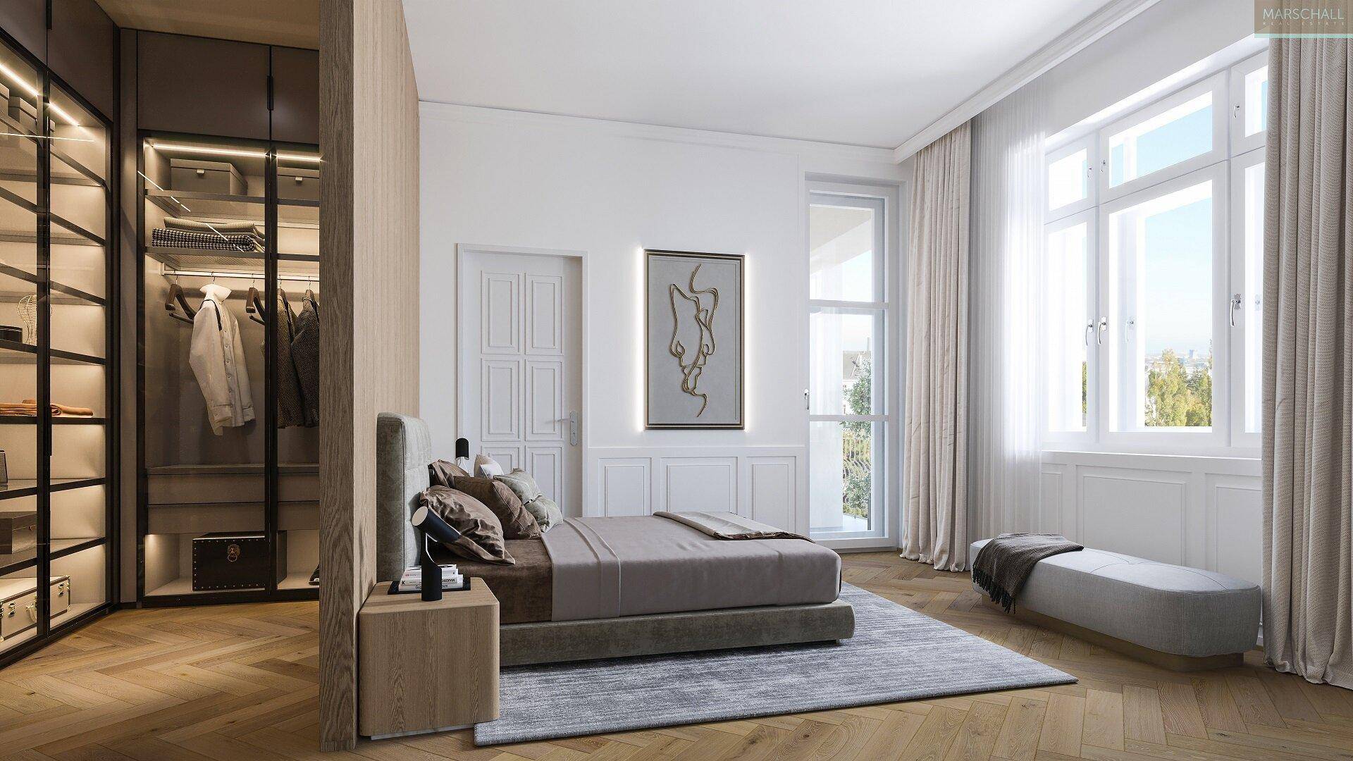 Elegantes Schlafzimmer mit Parkettboden, großen Fenstern und integriertem begehbarem Kleiderschrank.