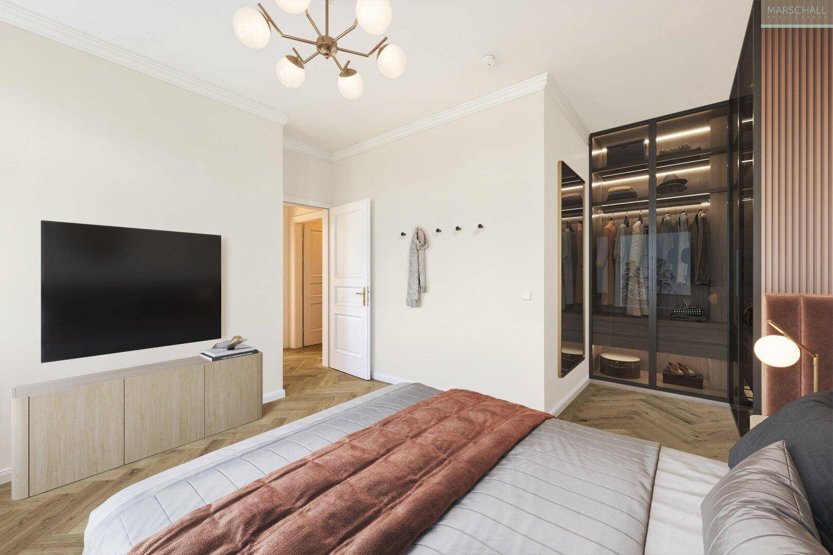 Elegantes Schlafzimmer mit Fischgrätparkett, integriertem begehbarem Kleiderschrank und moderner Beleuchtung.