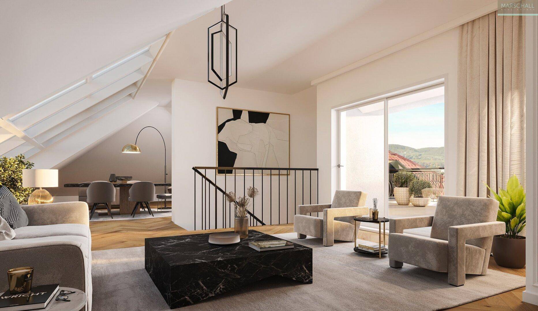 Helles Wohnzimmer im Dachgeschoss mit schrägen Decken, modernem Interieur und Zugang zum Balkon.