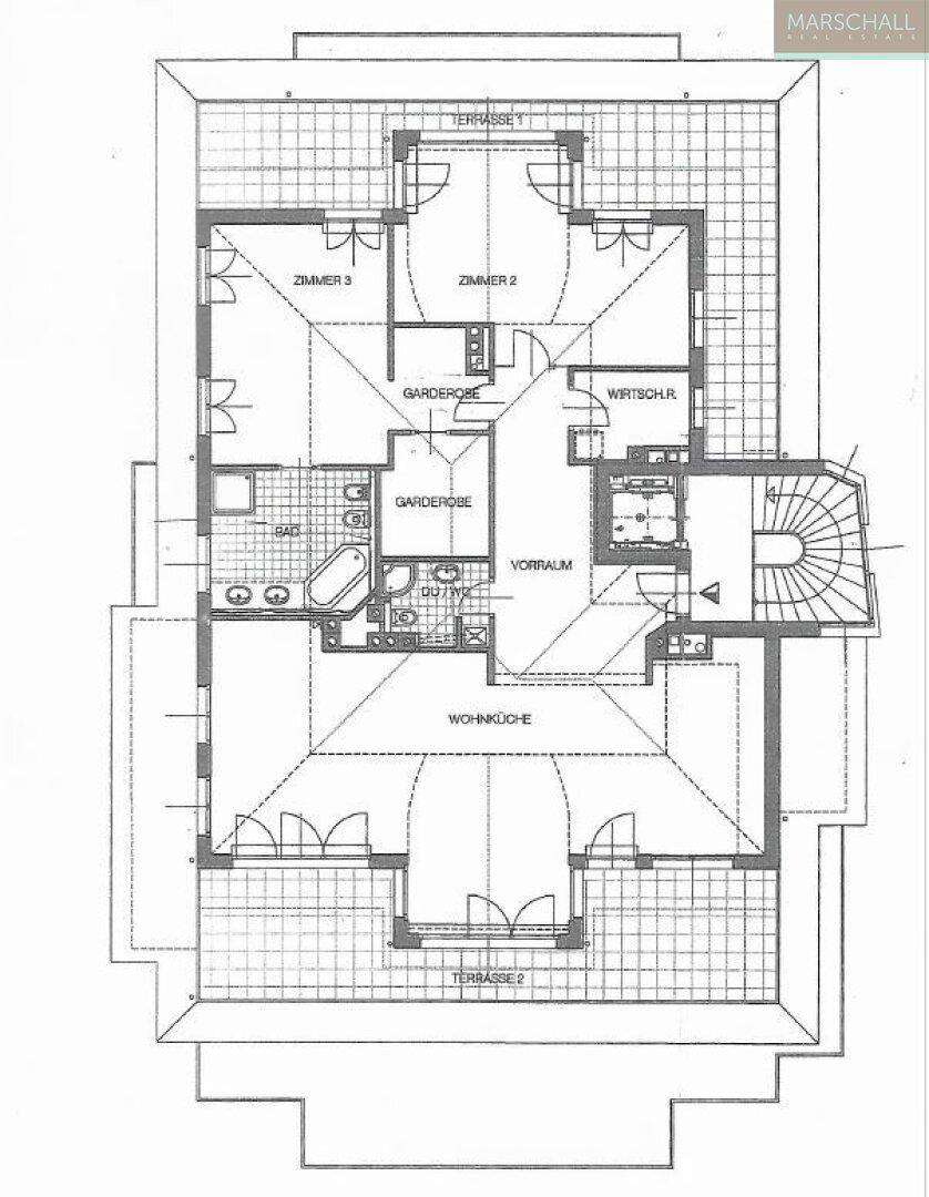 Grundriss des Obergeschosses mit drei Zimmern, Wohnküche und zwei Terrassen.