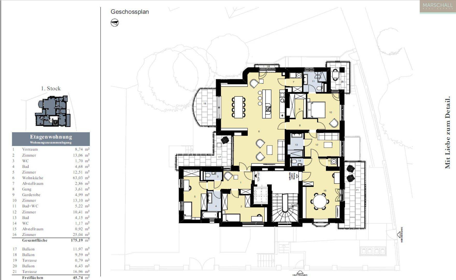Grundriss der Etagenwohnung im 1. Stock mit mehreren Zimmern, Bädern, Balkonen und Terrassen.