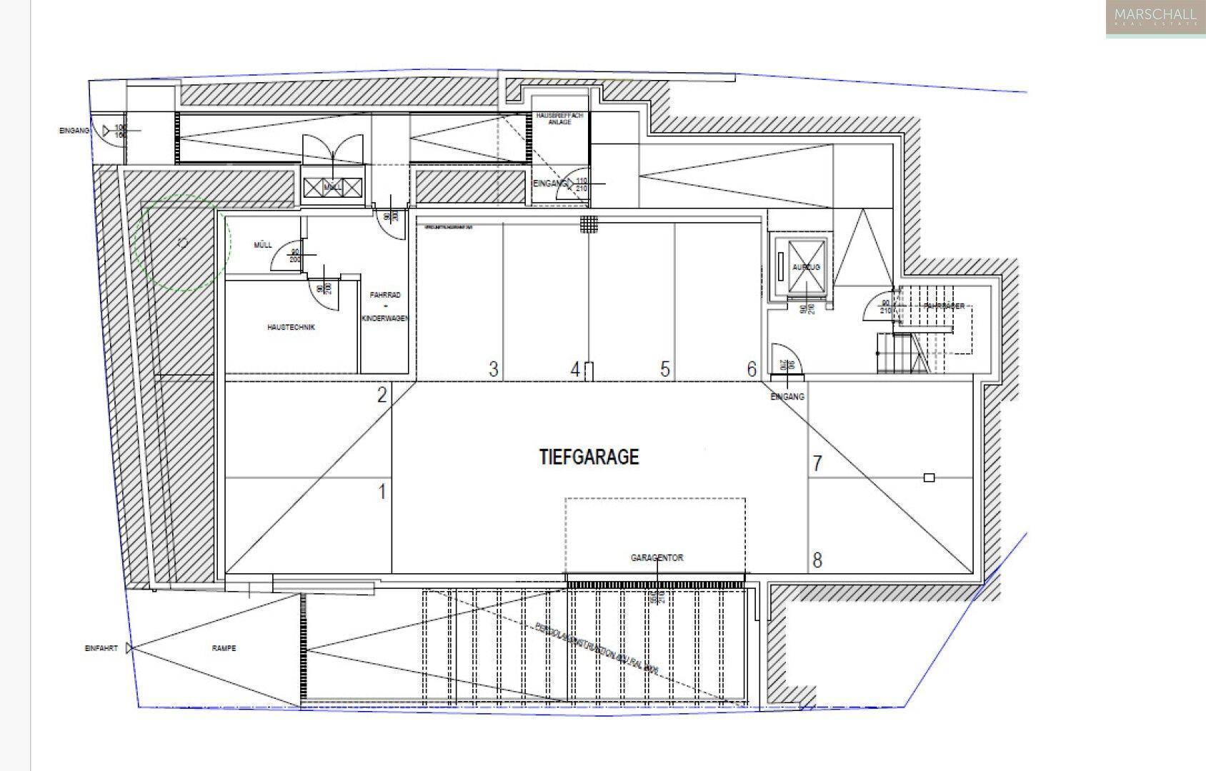Grundriss der Tiefgarage mit mehreren Stellplätzen und Zugang zur Wohnanlage.