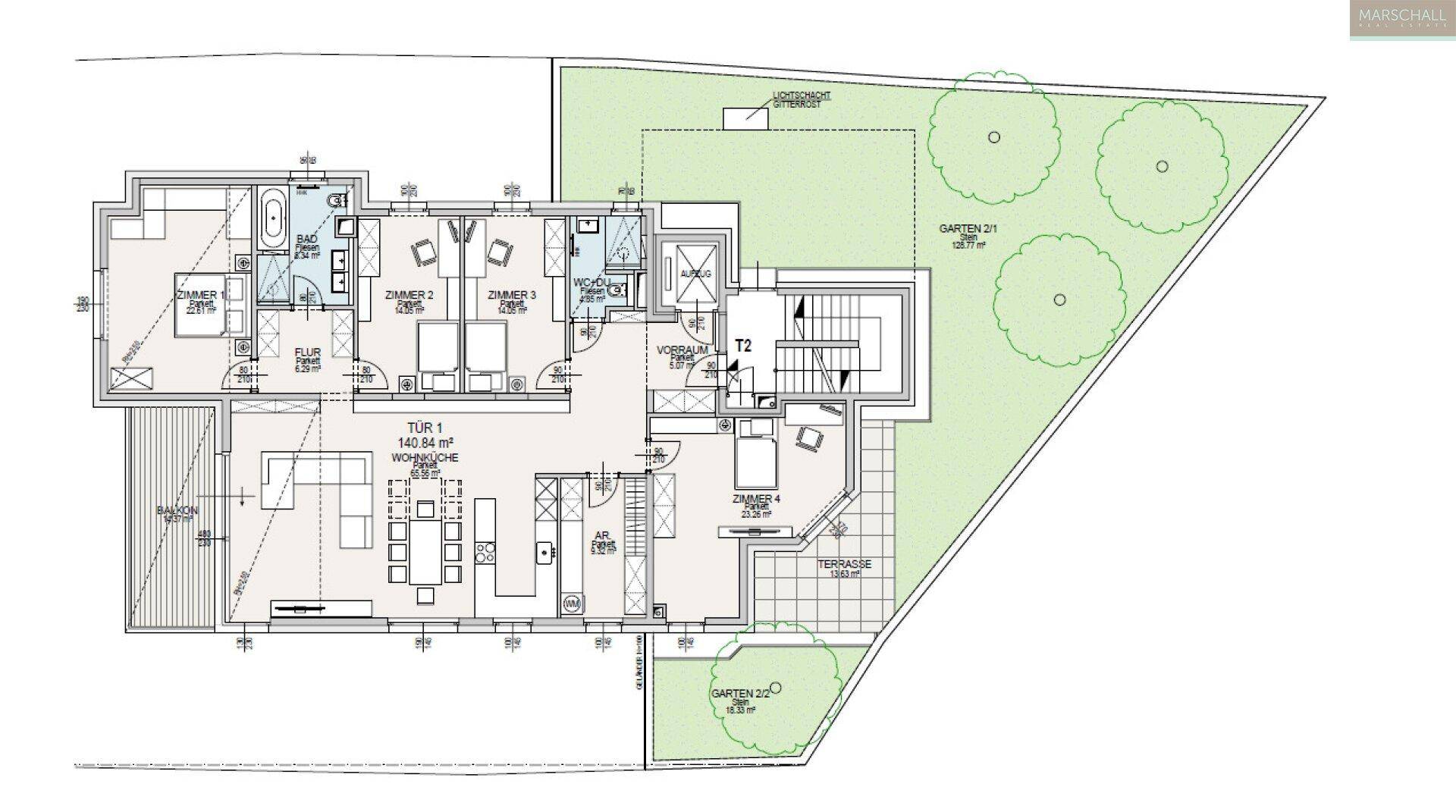 Detaillierter Grundriss einer Wohnung mit drei Zimmern, Terrasse und Gartenanteil.