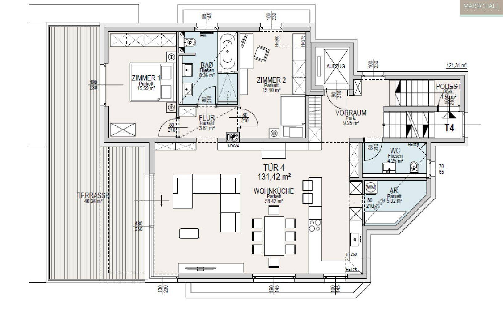 Detaillierter Grundriss einer Wohnung mit großer Terrasse, zwei Zimmern und Wohnküche.