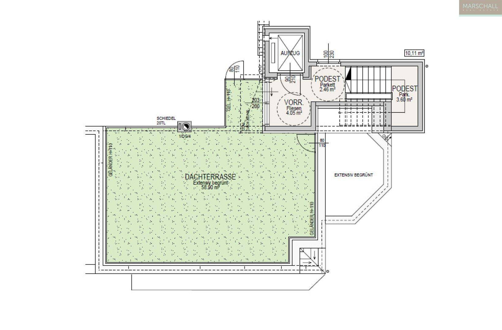 Grundriss einer weitläufigen Dachterrasse mit extensiver Begrünung und Aufzugzugang.