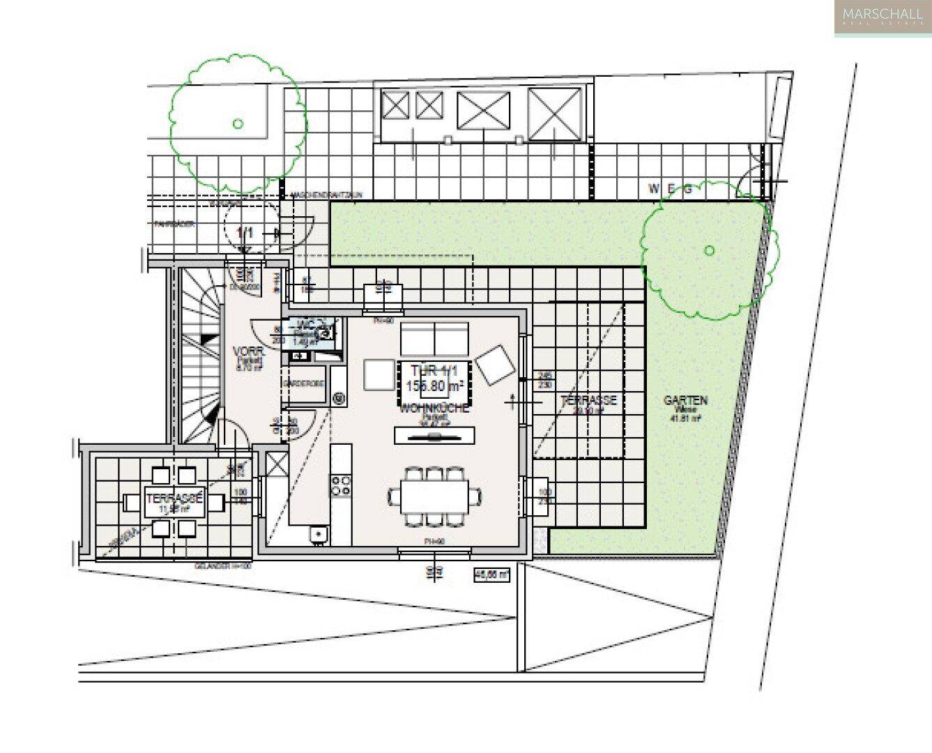 Grundriss des Erdgeschosses mit offenem Wohnbereich, großer Terrasse und Garten.