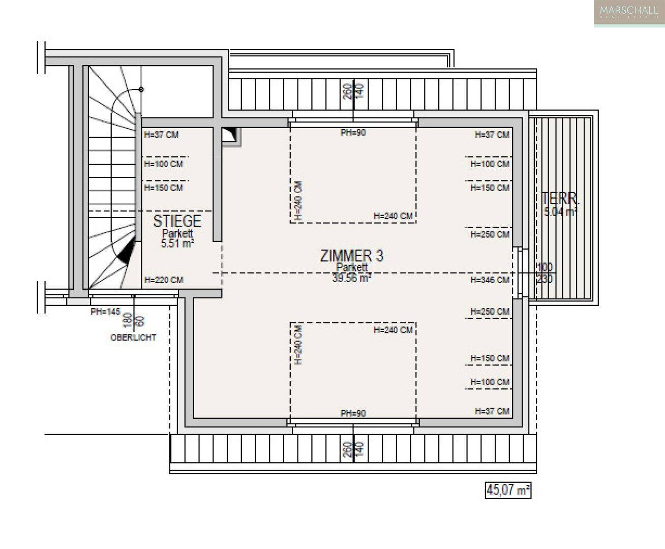 Grundriss des Dachgeschosses mit großem Zimmer, Dachschrägen und kleiner Terrasse.