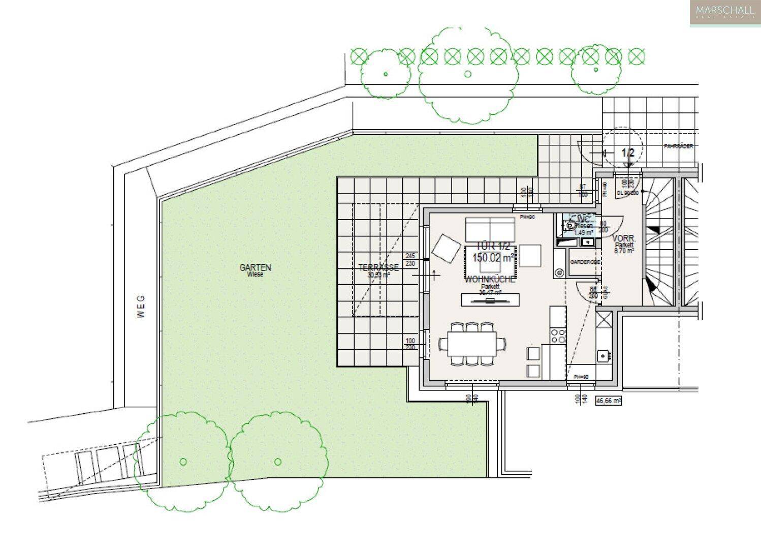Grundriss des Erdgeschosses mit offenem Wohn-Essbereich, großer Terrasse und privatem Gartenanteil.