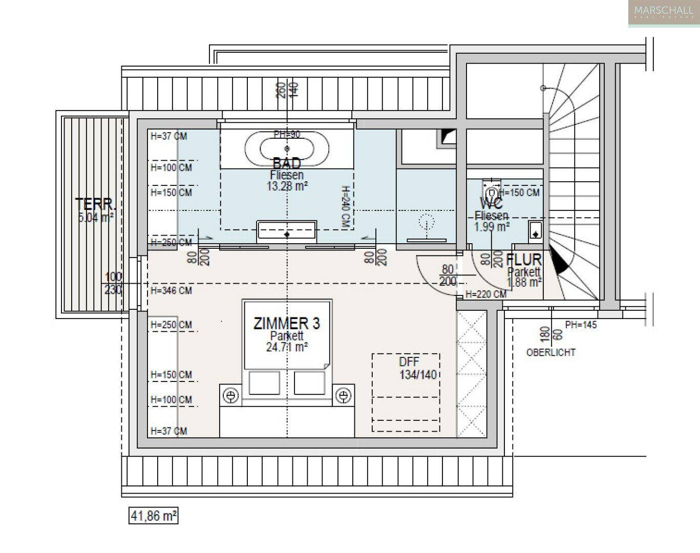 Grundriss des Dachgeschosses mit einem Schlafzimmer, Bad, separatem WC und einer Dachterrasse.