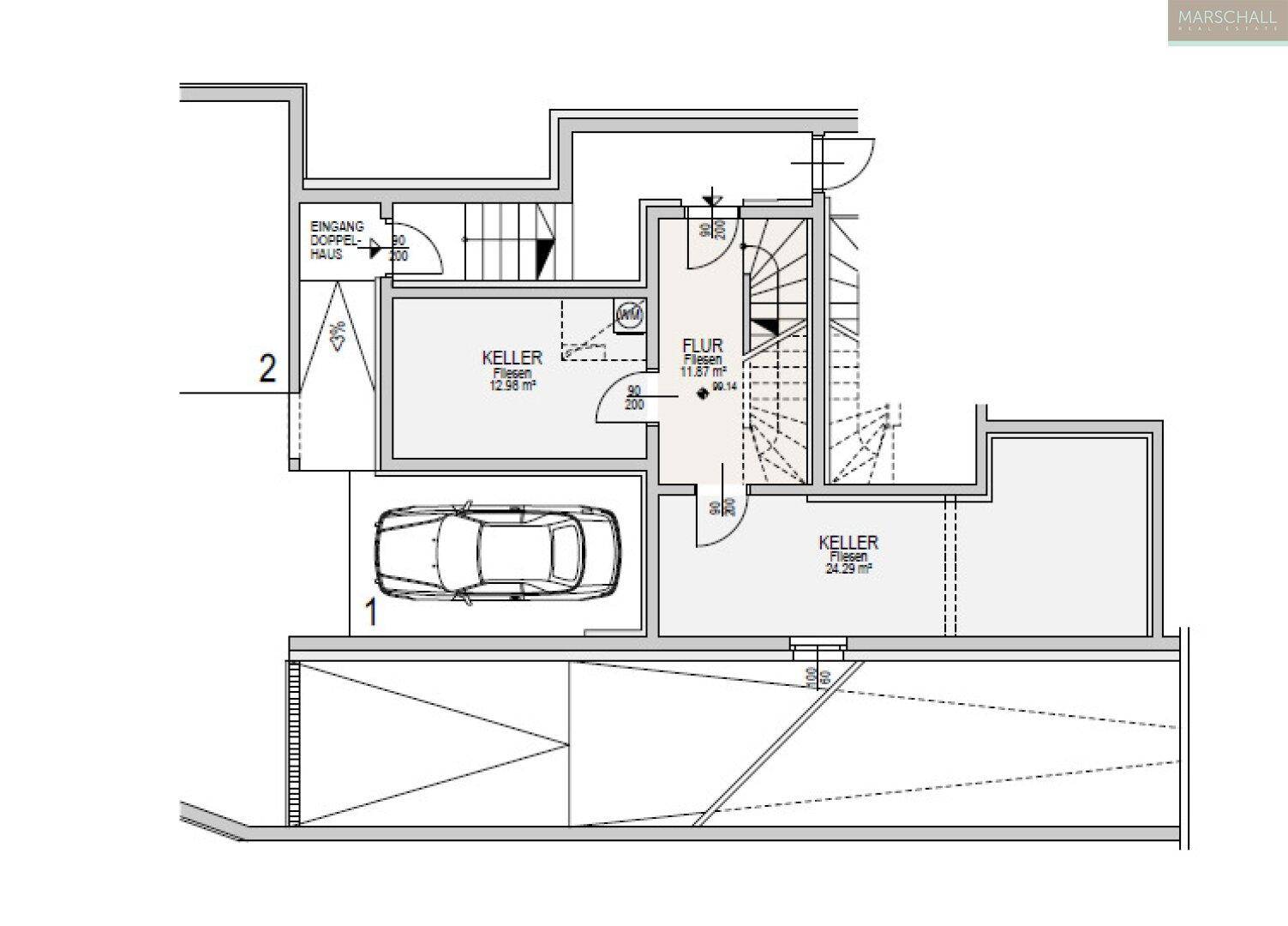 Grundriss des Untergeschosses mit Kellerabteilen, Flur und einem Tiefgaragenstellplatz für Fahrzeuge.