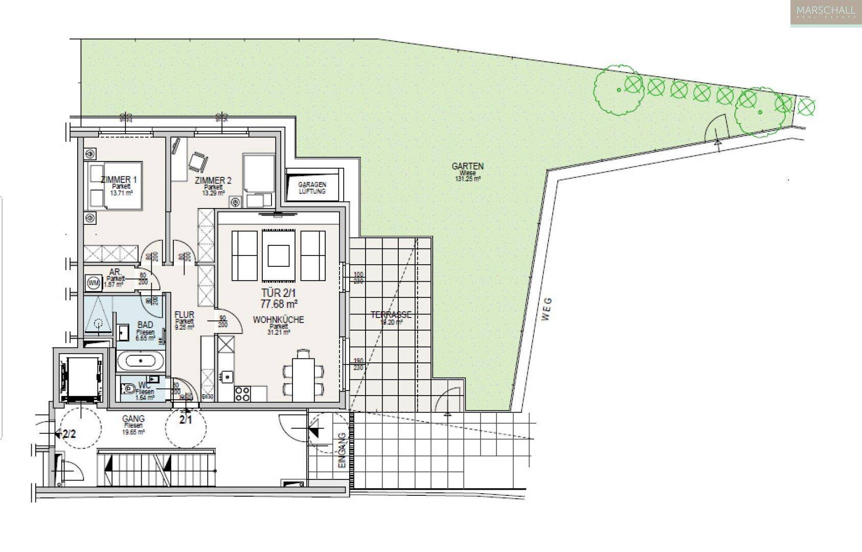 Grundriss einer Wohnung mit zwei Zimmern, offener Wohnküche, Bad, WC, Terrasse und großem Garten.