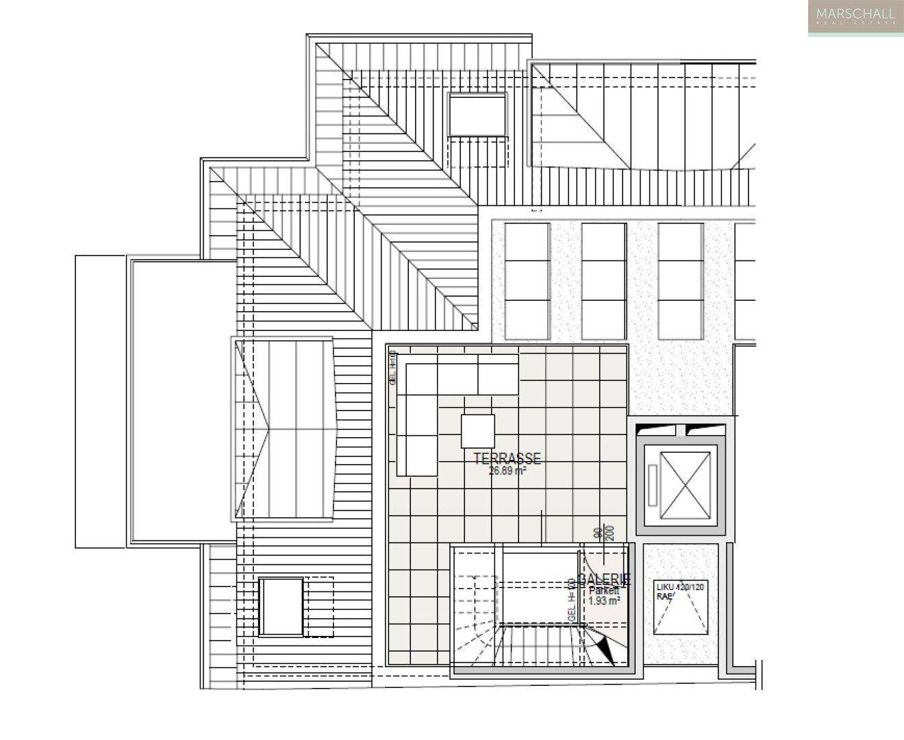 Grundriss der Dachterrasse mit Galerie und Zugang zum Aufzug.