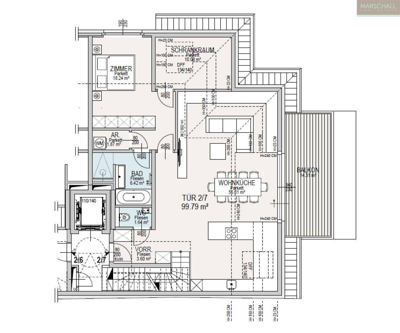 Grundriss einer Wohnung mit Wohnküche, Schlafzimmer, Bad, WC, Schrankraum und Balkon.