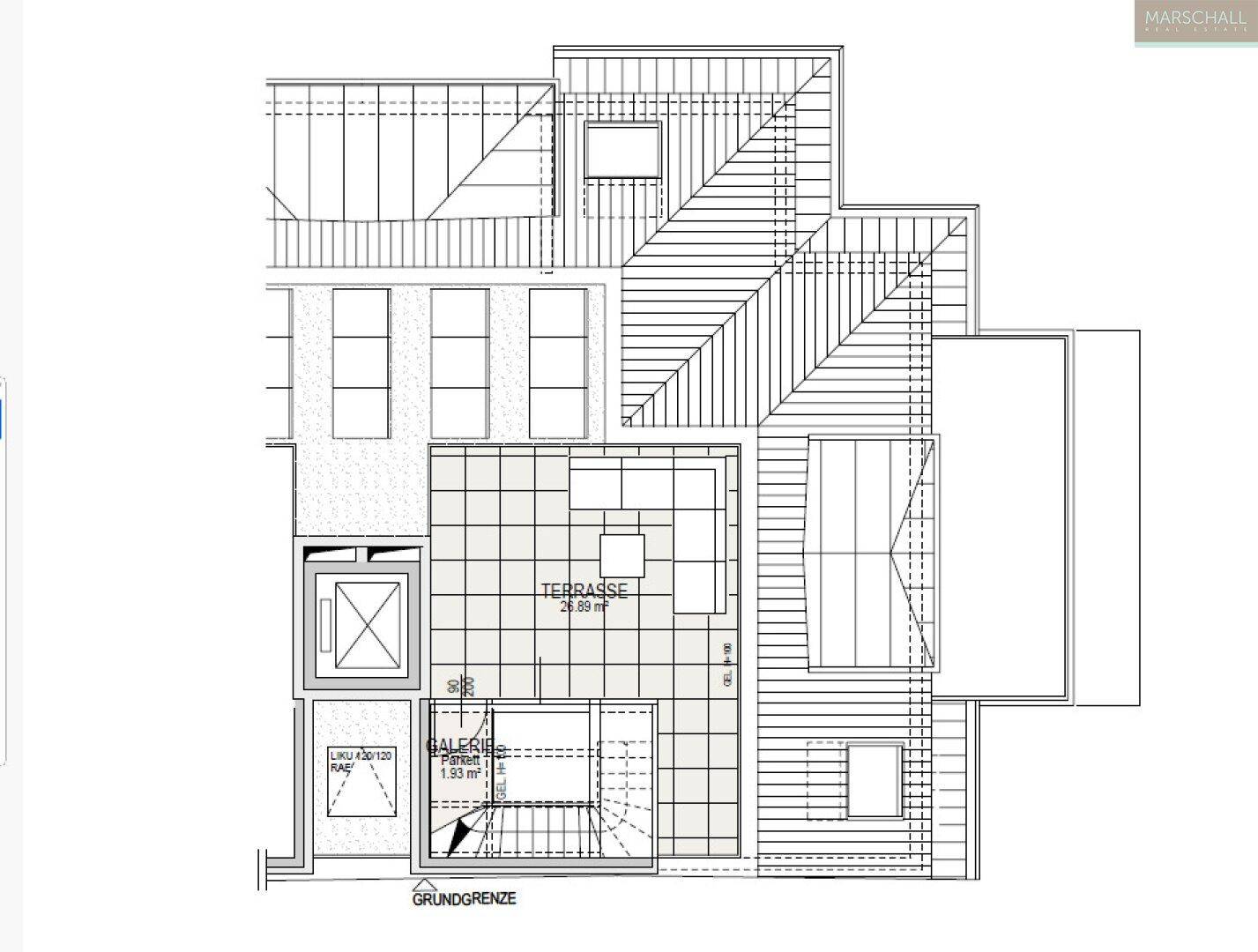 Grundriss des Dachgeschosses mit großer Terrasse, Galerie und Dachfenstern.