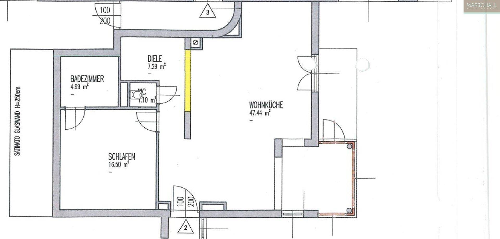 Grundriss mit Badezimmer, WC, Schlafzimmer und offener Wohnküche auf 47.44 m².