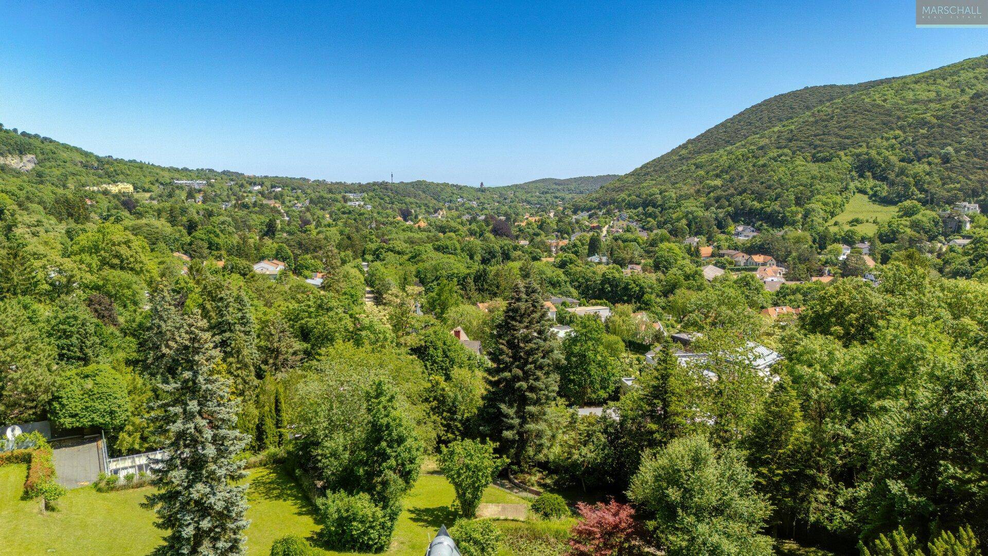 Weitläufiger Blick über das grüne Tal mit bewaldeten Hügeln und verstreuten Häusern.