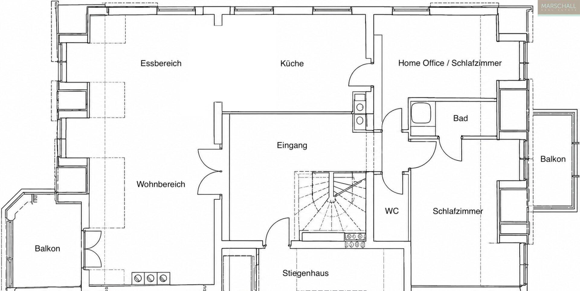 Grundriss der unteren Ebene mit Wohn-, Essbereich, Küche, Schlafzimmer und Balkonen.