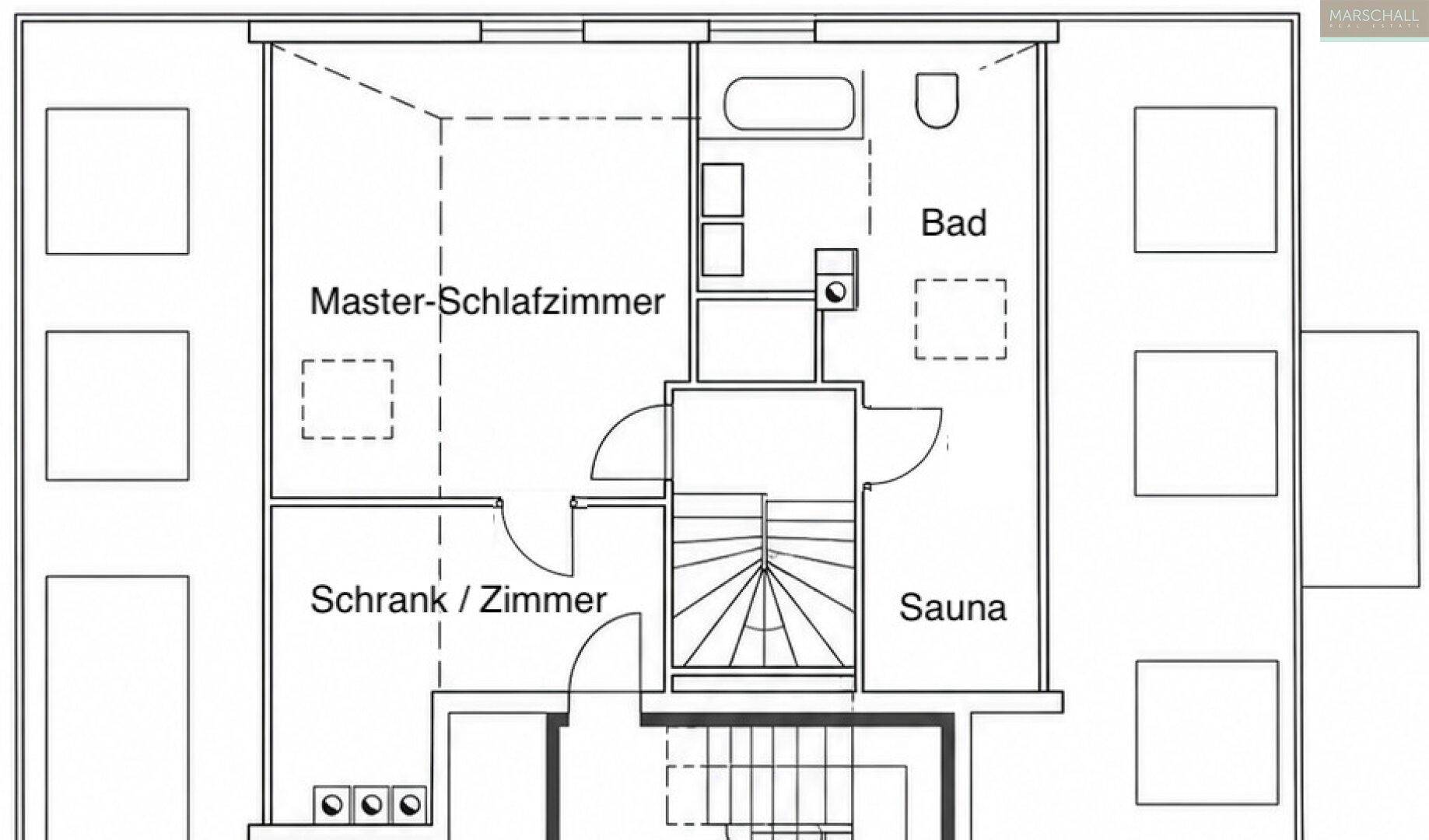 Grundriss der oberen Ebene mit Master-Schlafzimmer, Bad, Schrankzimmer und Sauna.