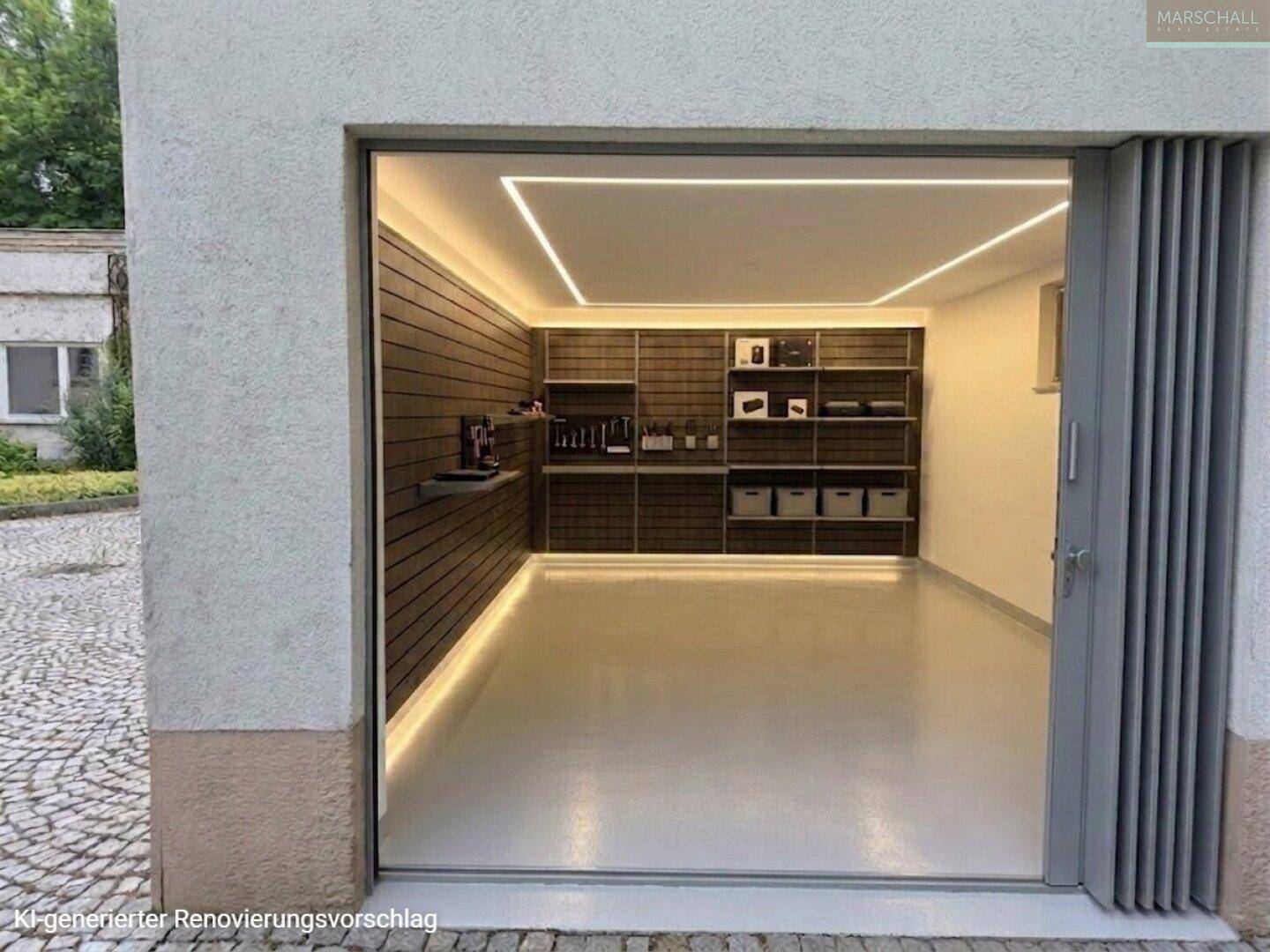 KI-generierter Renovierungsvorschlag für eine moderne Garage mit integrierten Regalen und Beleuchtung.