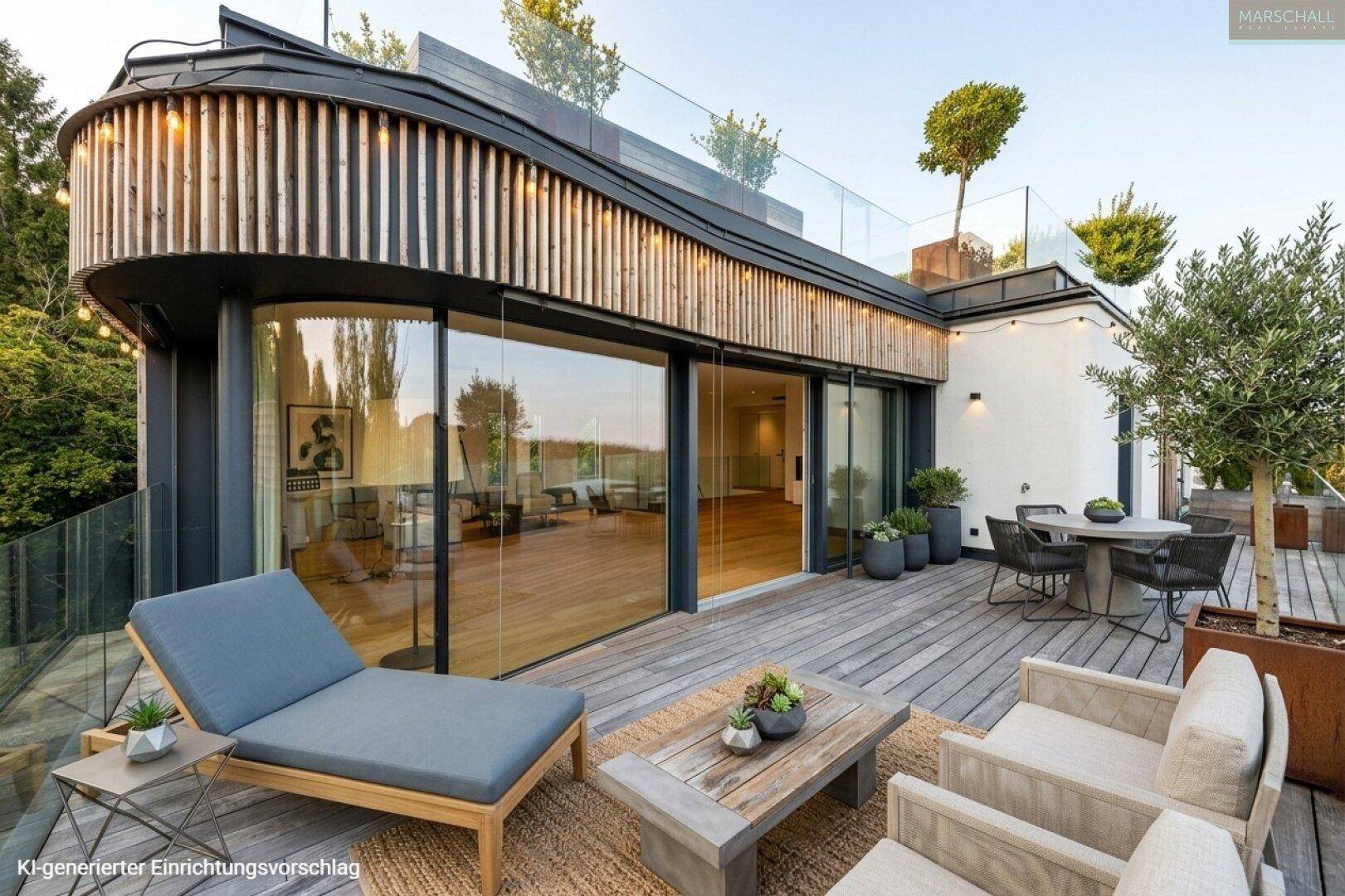 Großzügige Dachterrasse mit modernen Loungemöbeln und weitem Blick in die Natur.