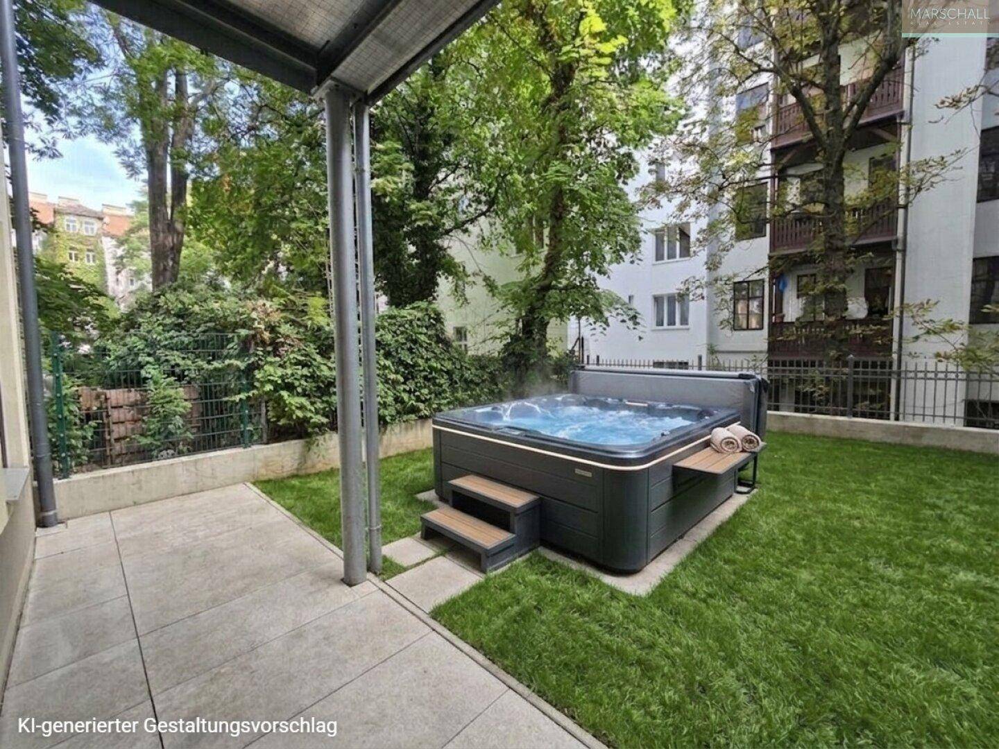 Entspannungsbereich im Garten mit einem modernen Whirlpool auf einer gepflasterten Fläche.