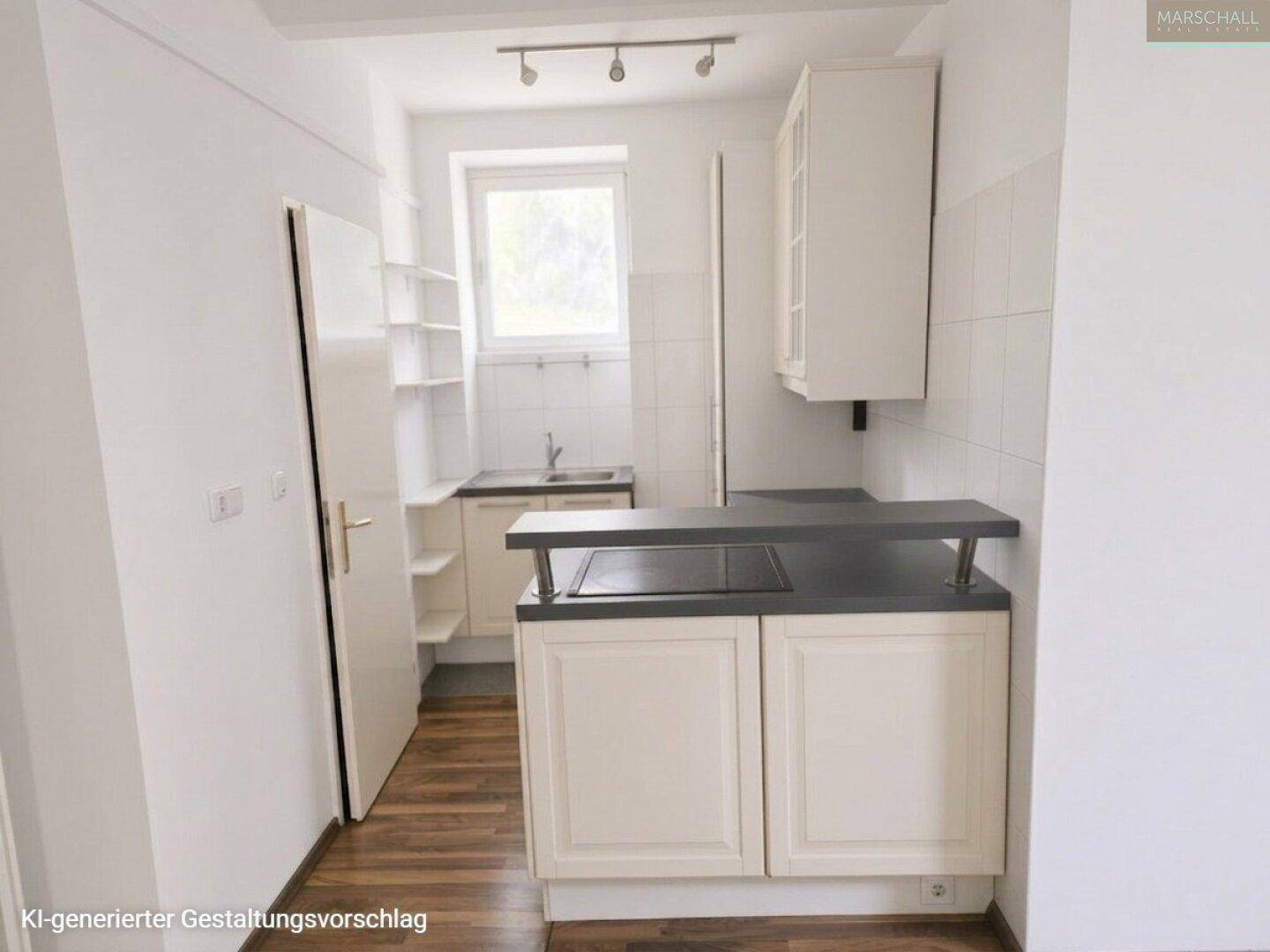 Kleine Küchenzeile mit Kochfeld, Spüle und Stauraum, ideal für eine Singlewohnung.