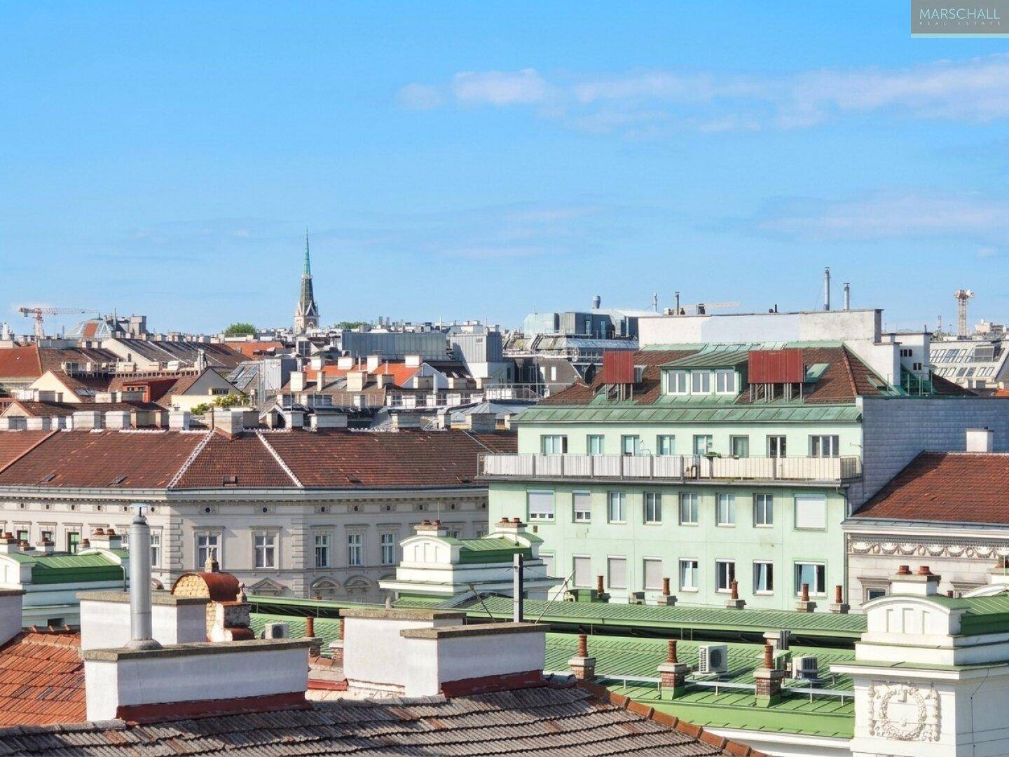 Panoramablick über die Dächer der Stadt mit historischer Architektur und blauem Himmel.