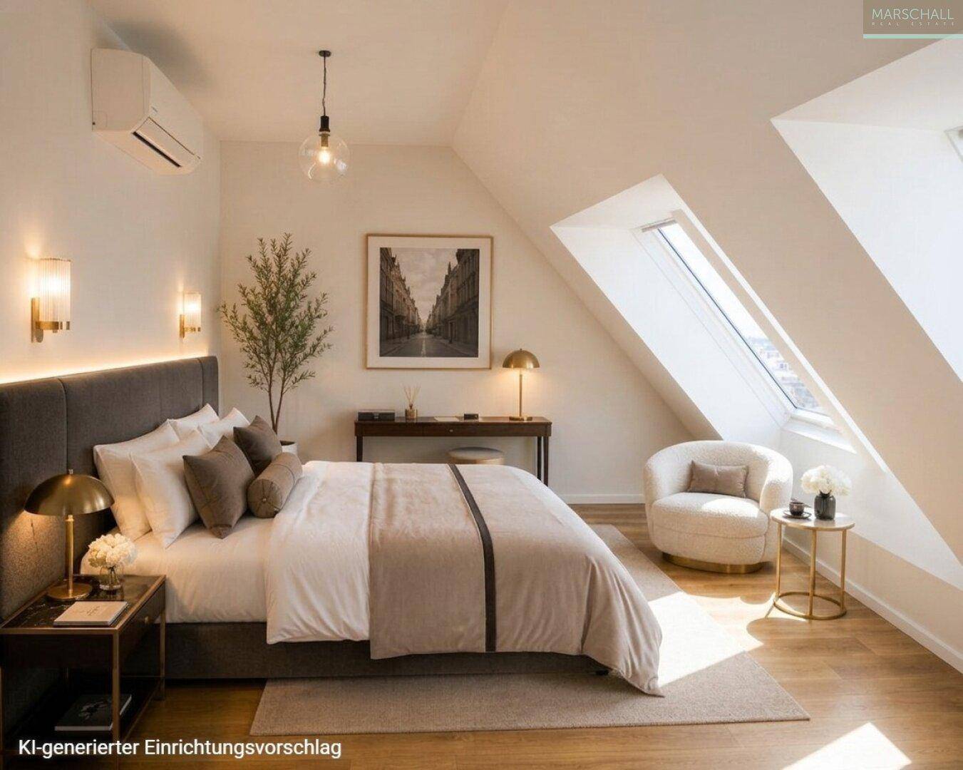 Helles Schlafzimmer mit großem Bett, schrägen Dachfenstern und Klimaanlage.