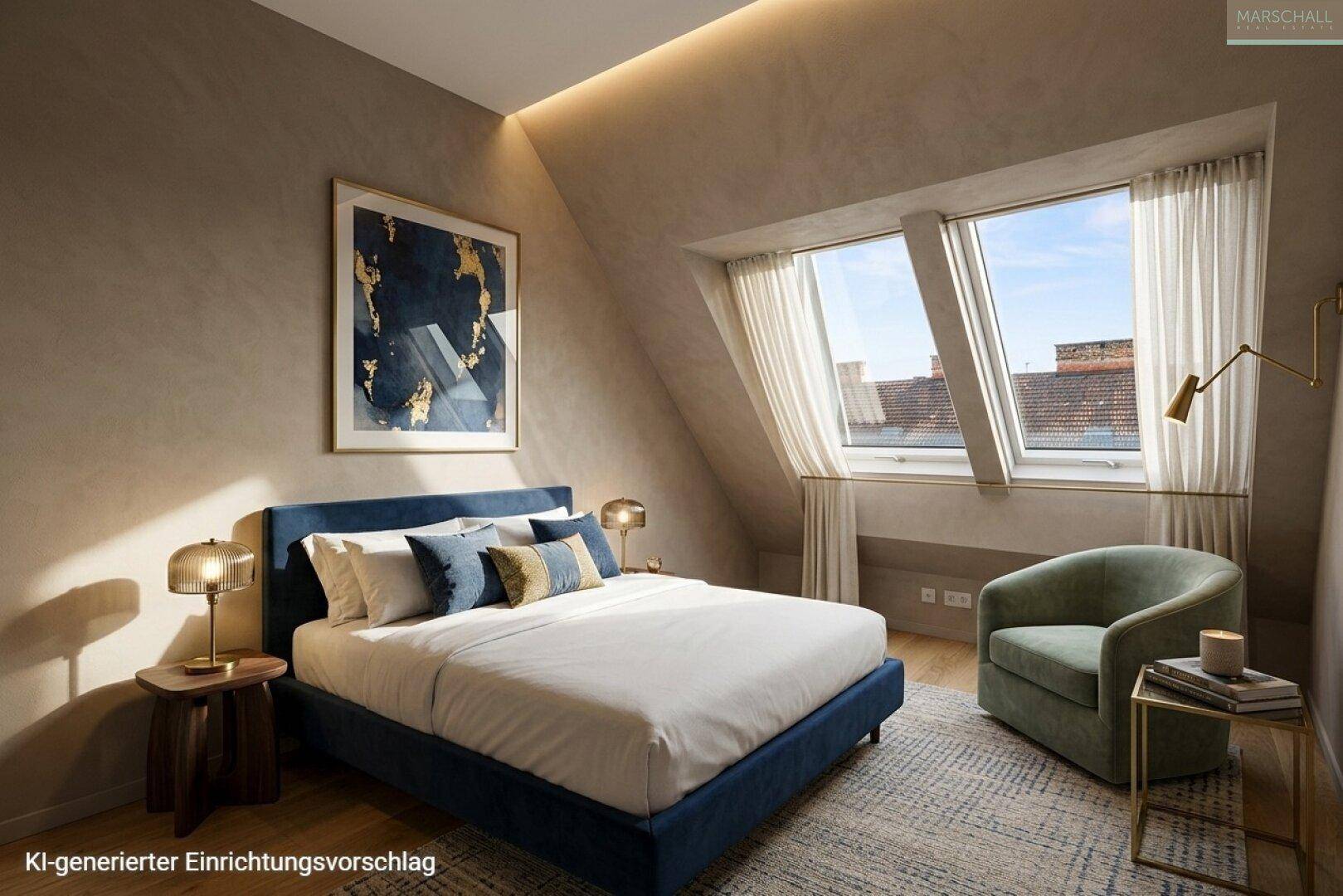 Modernes Schlafzimmer mit blauem Bett, schrägen Dachfenstern und indirekter Beleuchtung.