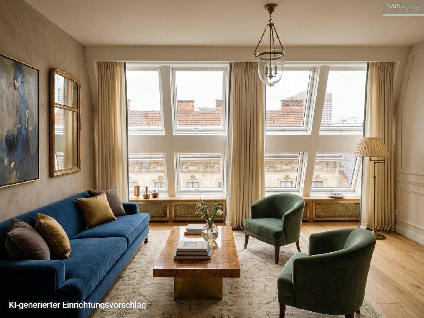 Gemütliches Wohnzimmer mit blauer Couch, grünen Sesseln und schrägen Dachfenstern.