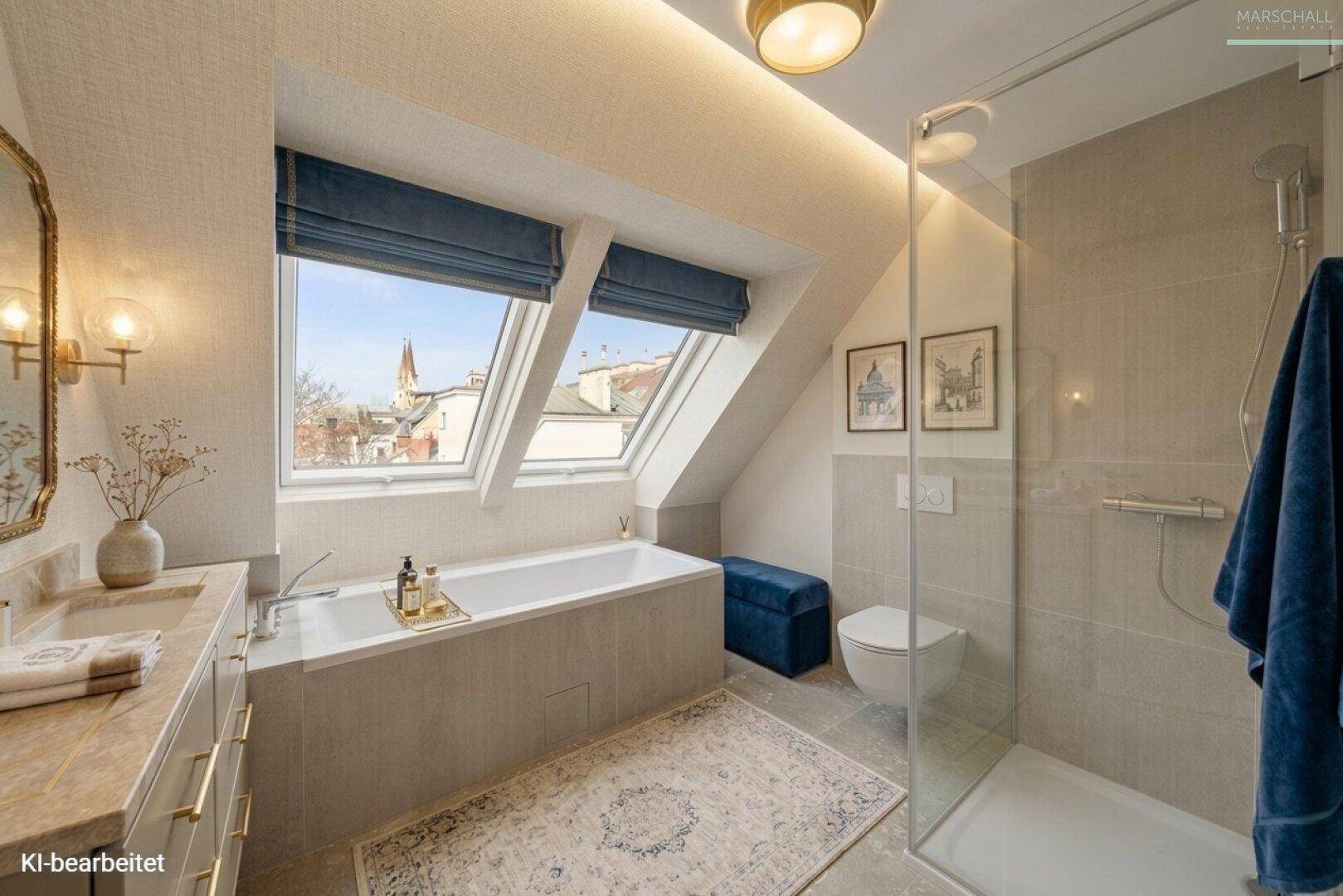 Stilvolles Badezimmer mit Badewanne, Dusche und Dachfenstern, ergänzt durch elegante Dekoration.